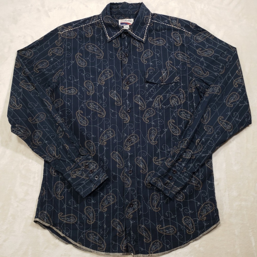 Rare Vintage Button Up Shirt Men Medium Navy Blue Paisley Stripe Contrast Stitch